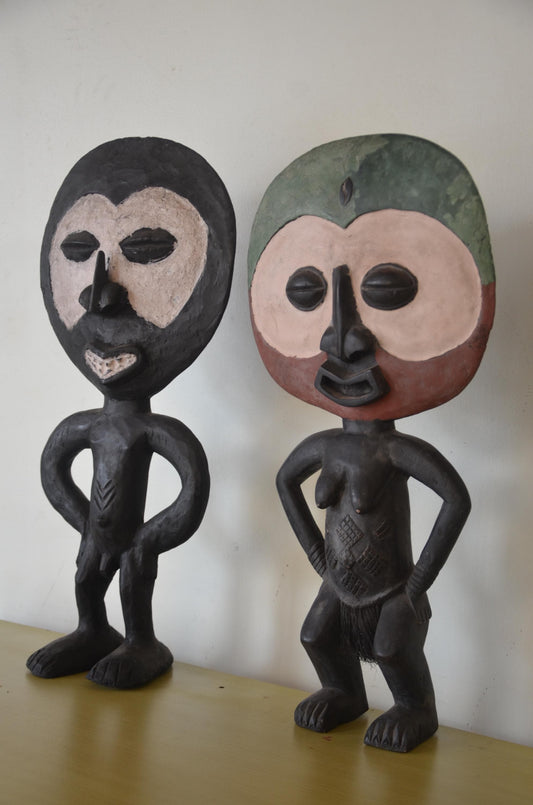 Ashanti Fertility Figures Pair – 27" Hand-Carved Wood – Ghana Akua'ba Art