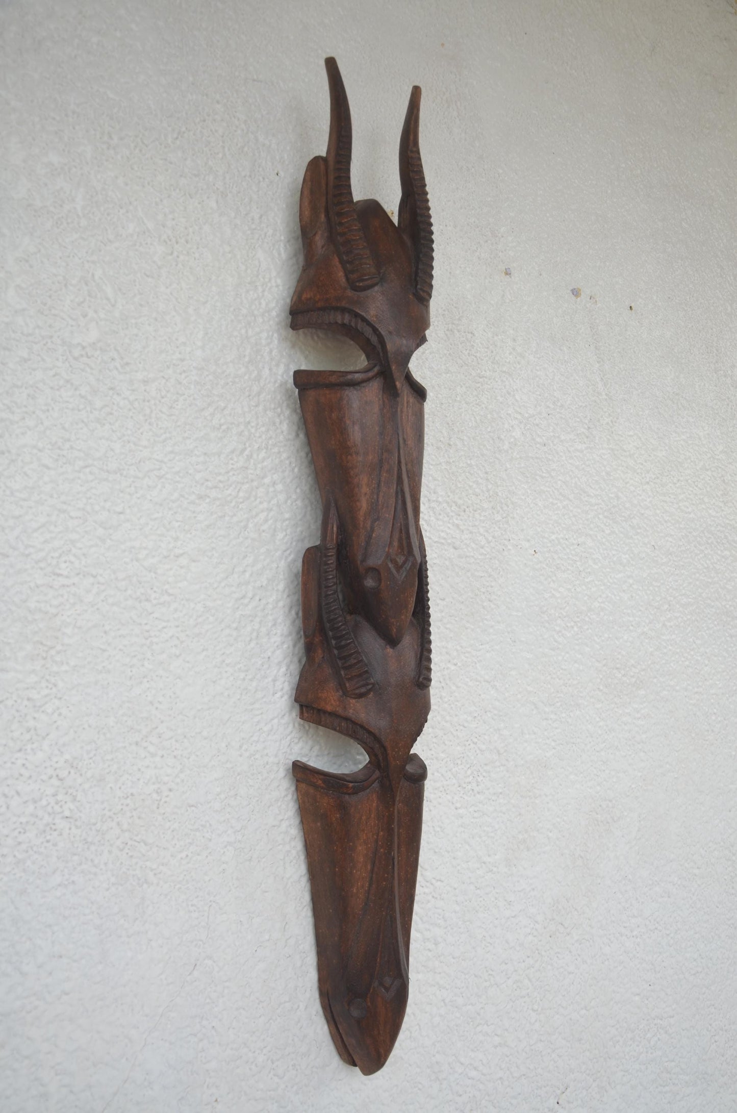 Stacked Janus Antelope Mask – 34" Rwanda Wood Wall Art – African Couple Decor