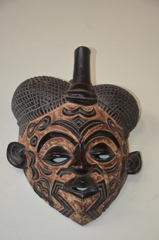 Lulua Tribal Mask – 15" Hand-Carved Wood – Congo Bena Lulua Wall Art