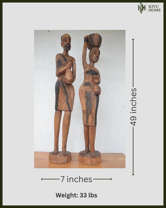 Huge 49" Rwanda Statue Couple – Hand-Carved Wood – African Ancestor Sculpture
