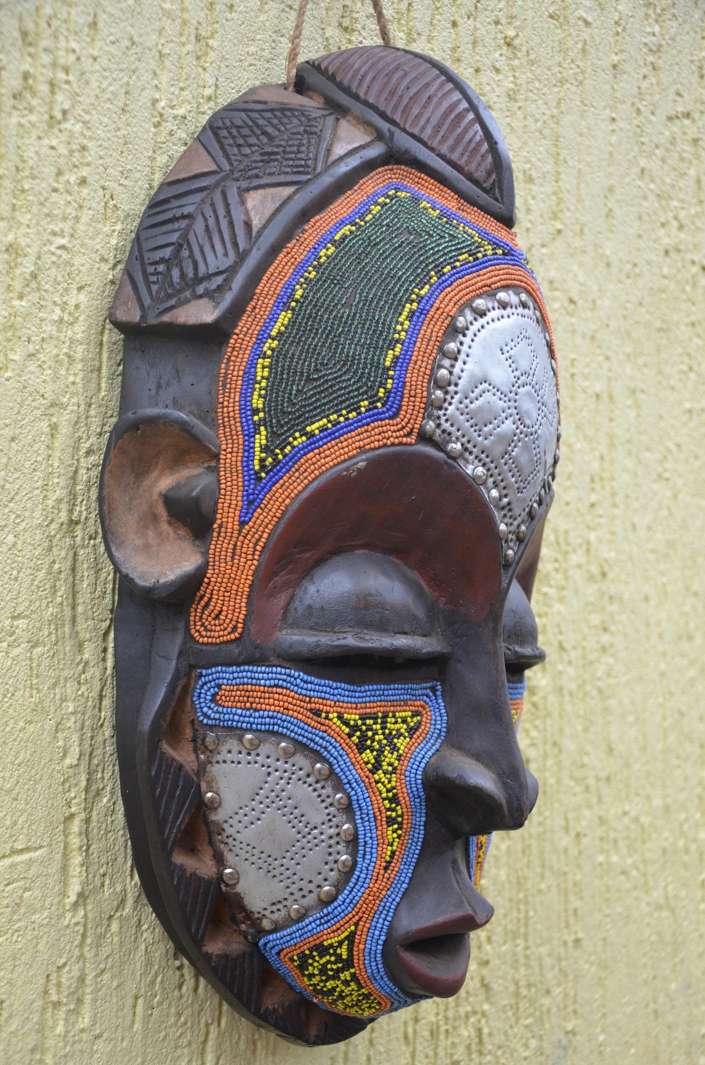 Ghanaian Ashanti Mask – 17" Hand-Carved Wood – West African Tribal Wall Art