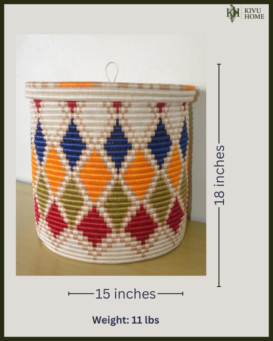 Large Rwandan Agaseke Basket – 18" Lidded Storage – Colorful Woven Peace Art