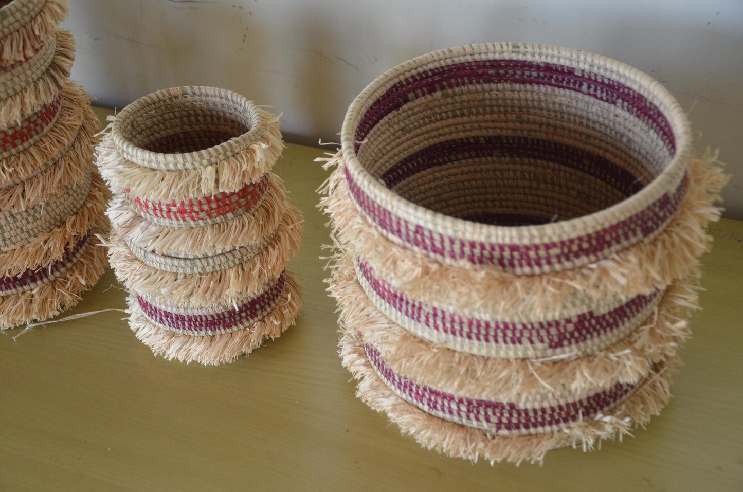 Handwoven Raffia Baskets Set | African Fringe Boho Home Decor Storage