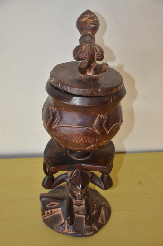 Hand Carved Luba Caryatid Offering Bowl – Authentic African Wood Sculpture, Traditional Tribal Art for Shelf or Statement Home Decor
