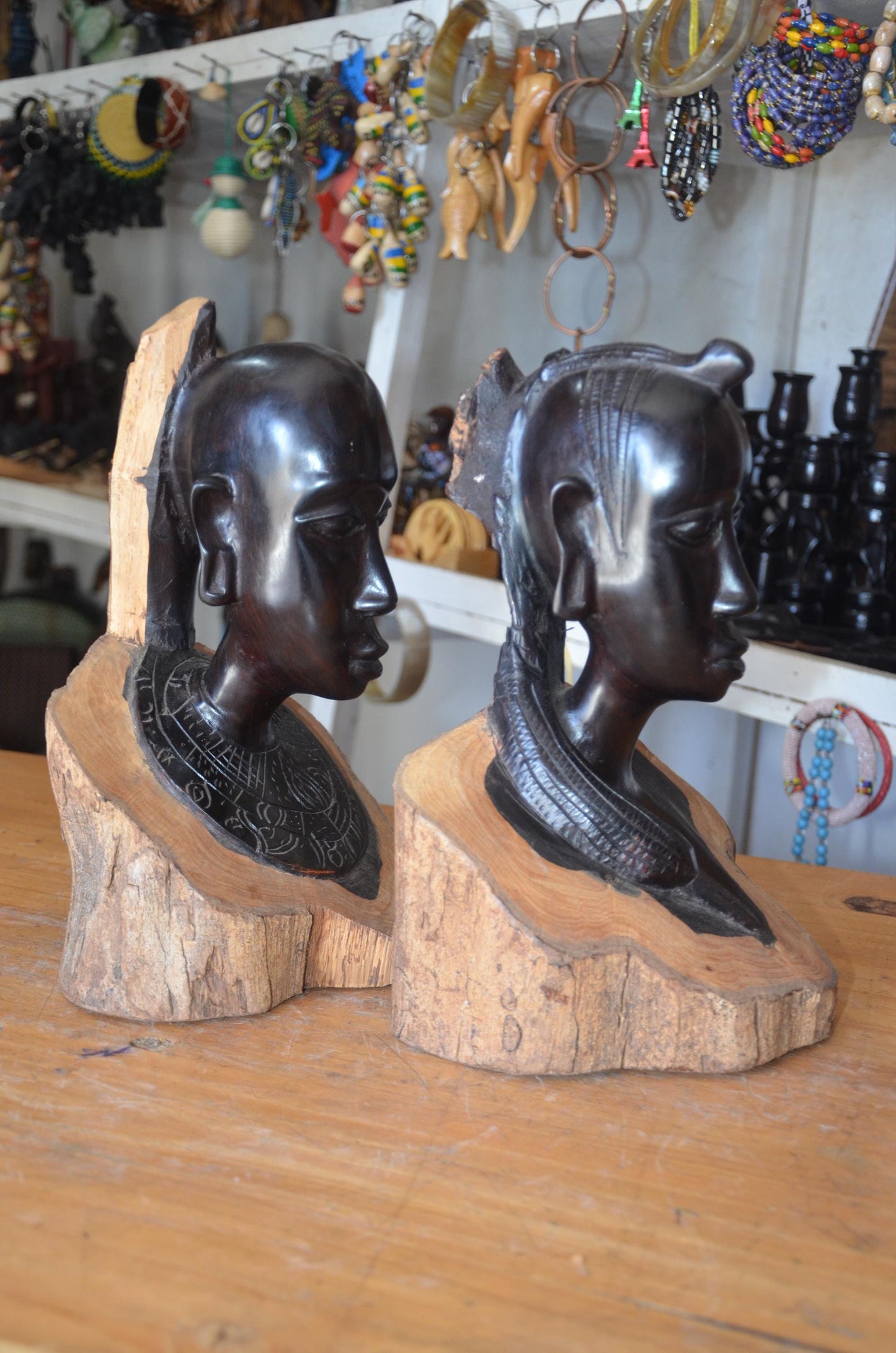 Maasai Ebony Wood Heads Couple – Pair of 20" Hand-Carved East African Statues