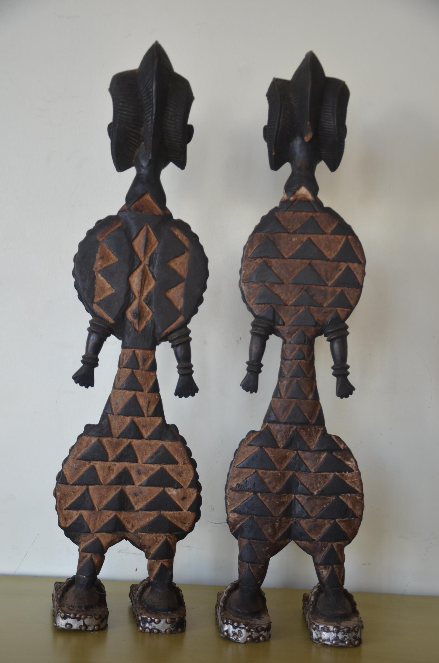 Huge 37" Namji Fertility Doll Pair – Hand-Carved Beaded Wood – Cameroon Floor Art