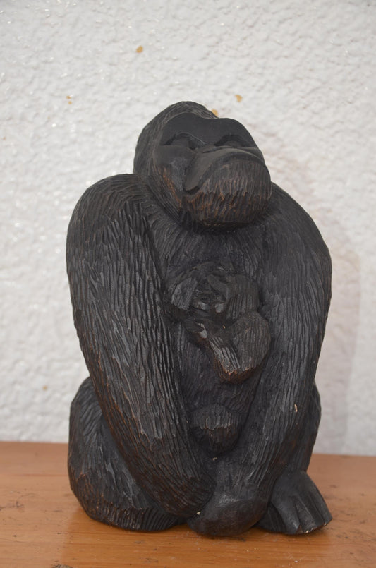 Rwandan Volcano's Gorilla with Baby – 12" Hand-Carved Wood – Mountain Gorilla Art