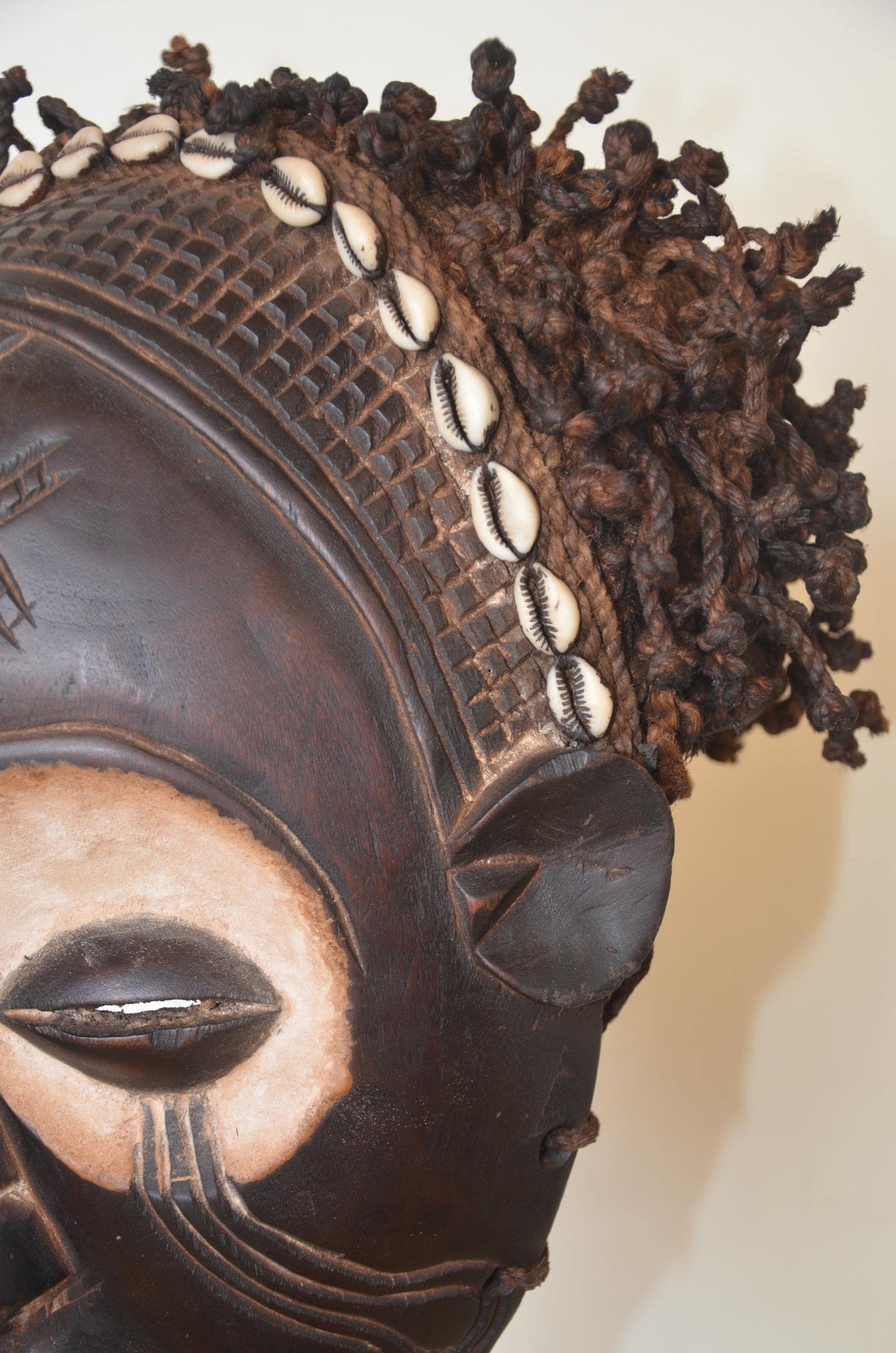 Chokwe Mwana Pwo Mask | Beaded Cowrie Shell Wall Decor | Congo Ancestor Art