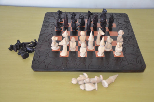 Makonde Wildlife Chess Set – 13" Hand-Carved Wood – Tanzania Artisan Game
