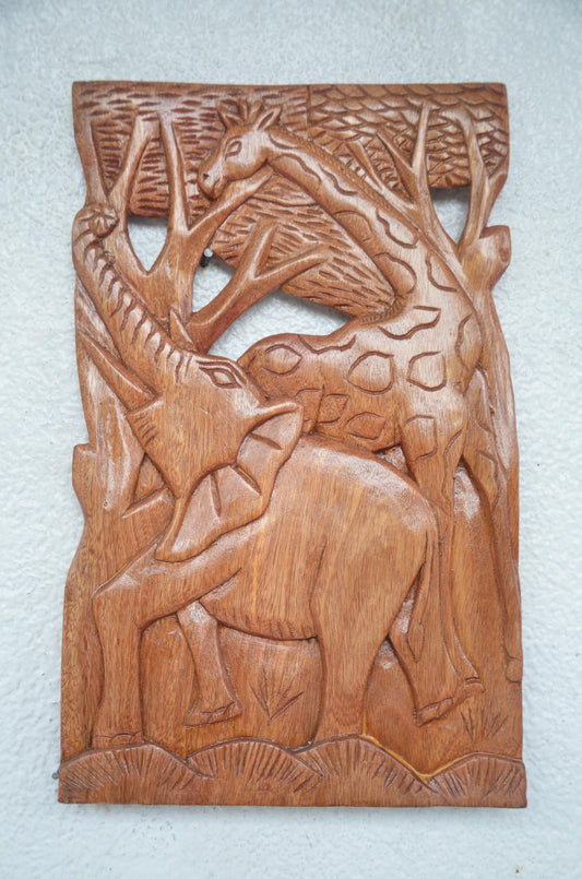 African Wood Wall Art | Hand-Carved Elephant Giraffe Panel | Safari Wildlife Office Decor