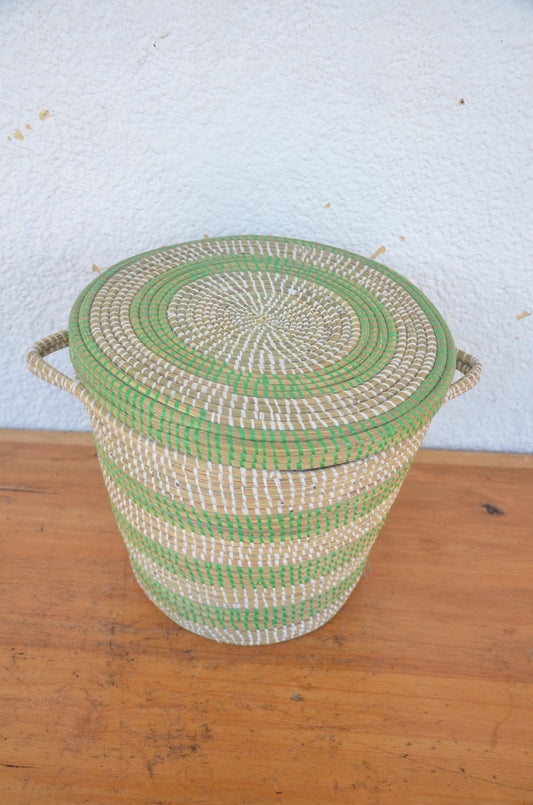 Green Handwoven Inkangara Basket – 12" Rwandan Agakangara – Traditional Storage Art