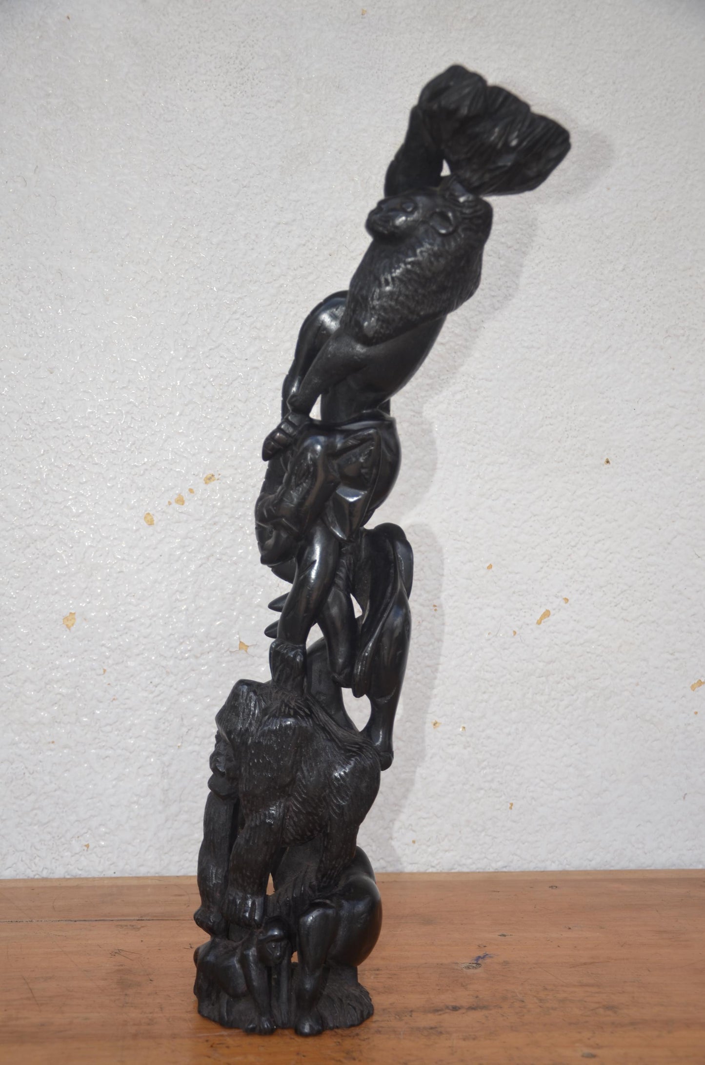 Ebony Wood Jungle Totem | Hand-Carved African Wildlife Pillar | Gorilla Elephant Statue