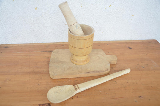 Rustic Wooden Mortar and Pestle Set | Hand-Carved Chopping Board & Spoon | African Kitchen Decor
