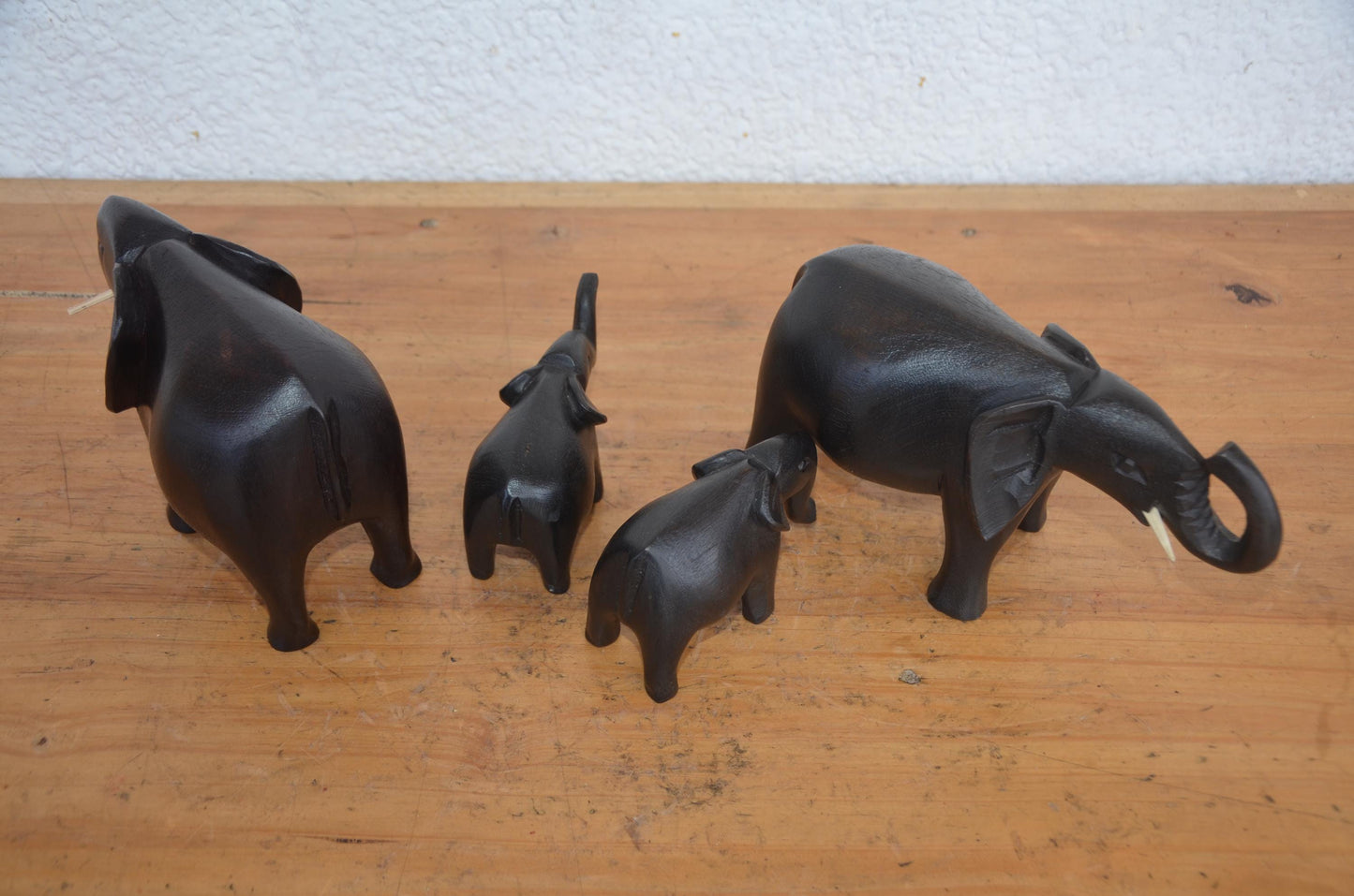 Elephant Family Set | Hand-Carved Wood 4-Piece Statue | African Wildlife Herd Home Decor