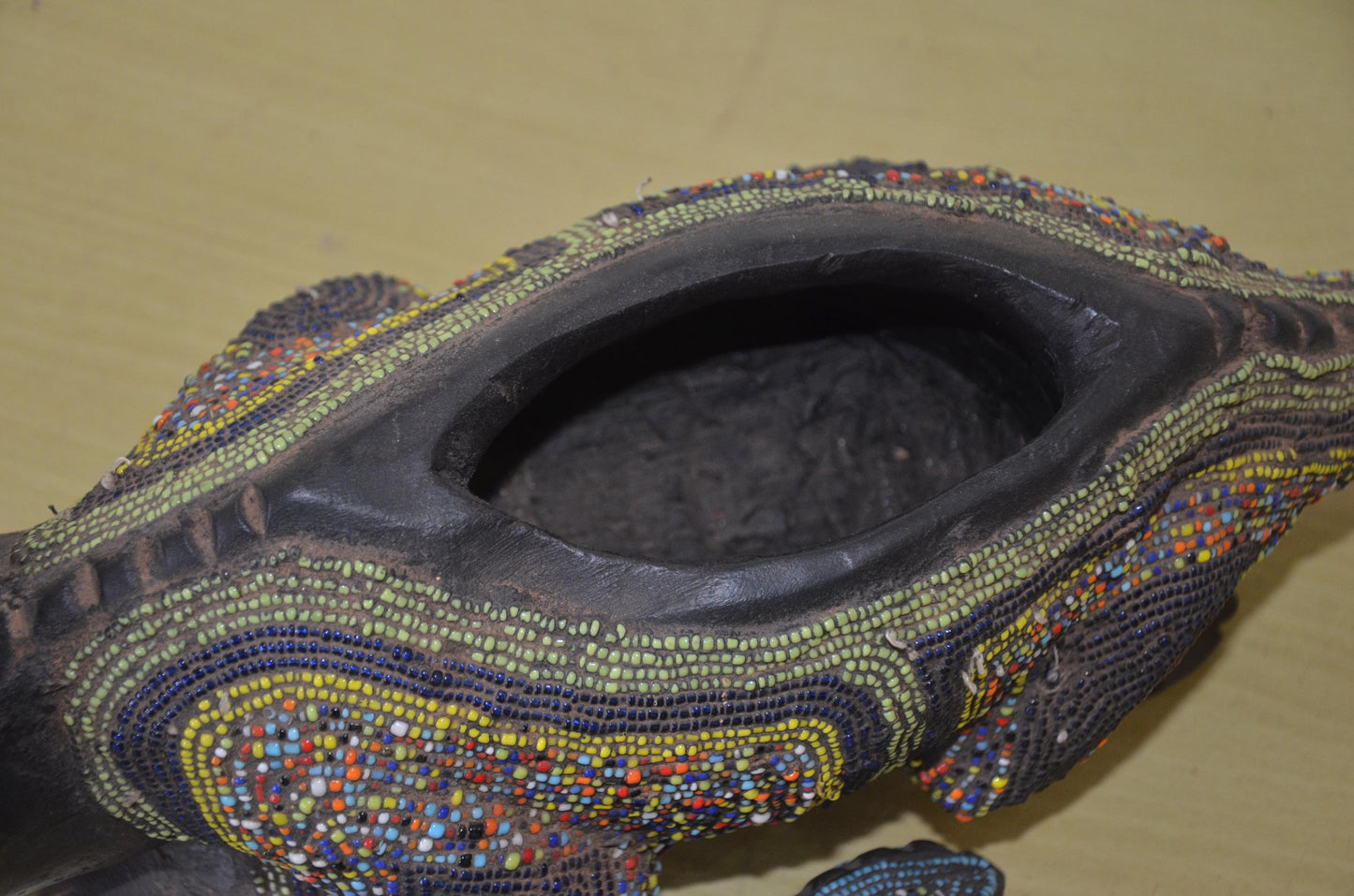 Kamba Crocodile Sculpture | Beaded Wood Folk Art | Kenya Handcrafted Animal Decor