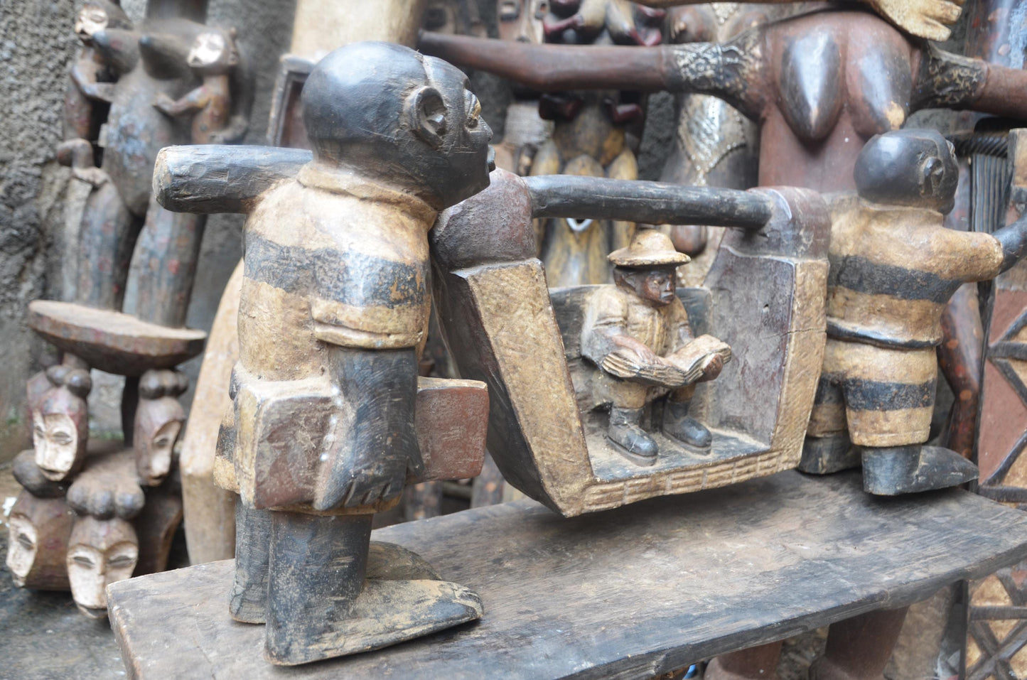 African Colonial Era Figure – Wood Colon Carving – Sedan Chair Palanquin Art