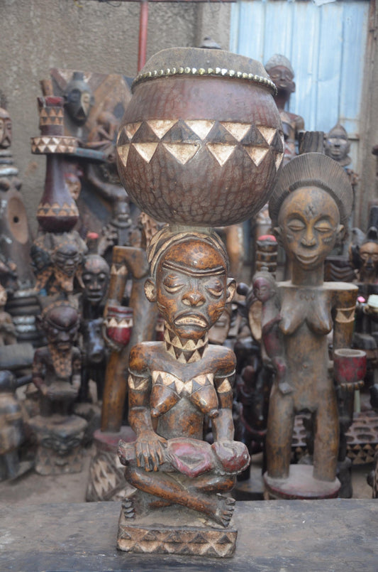 African Pende Maternity Statue – Wood Mother holding Child with Vessel Art