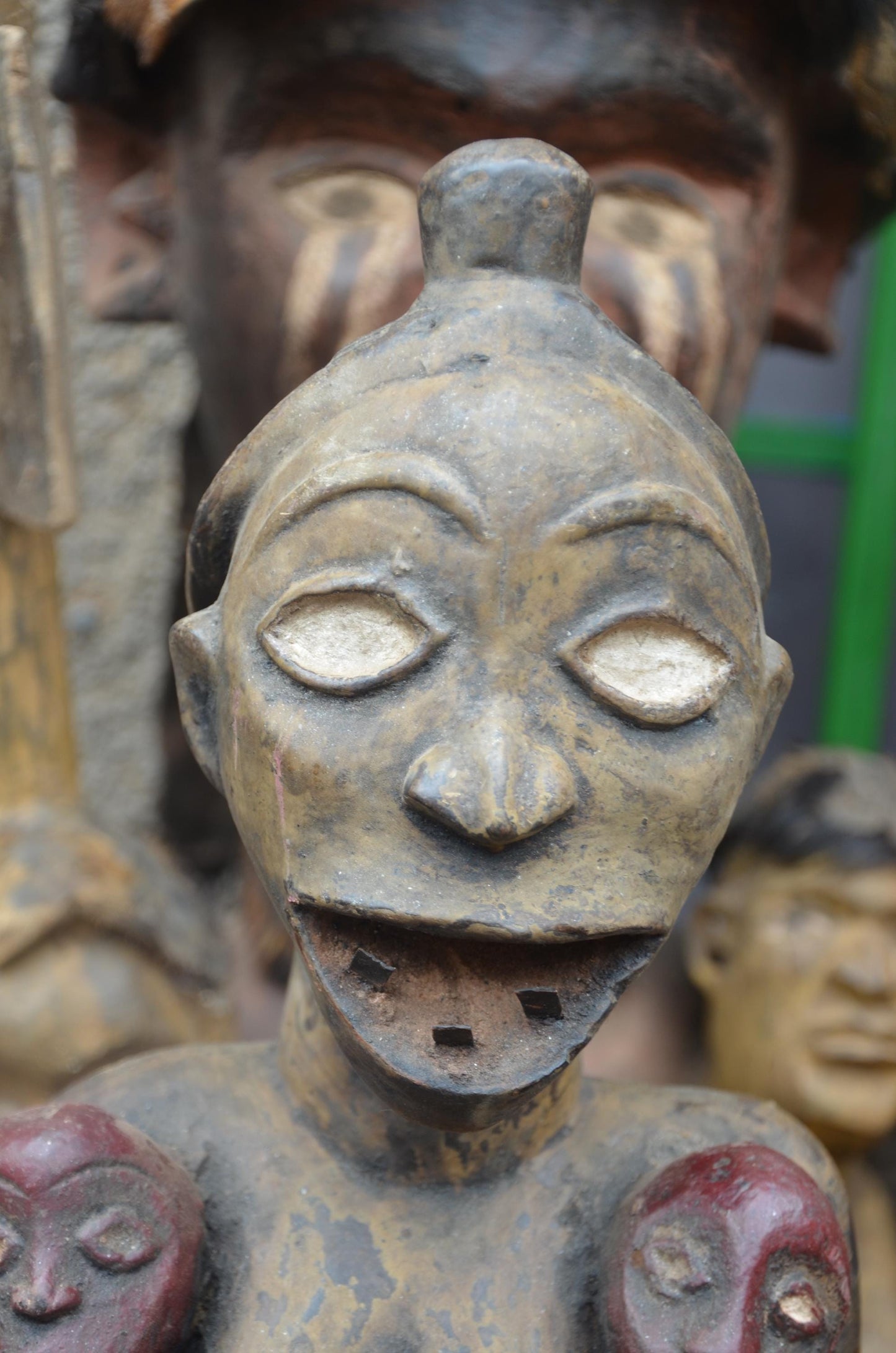 African Congo Twin Maternity Statue – Large Wood Mother with Infants Art