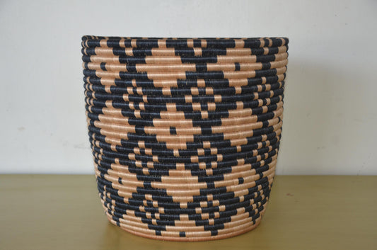 Handwoven African Coiled Basket | Geometric Diamond Grid | Artisan Storage Vessel