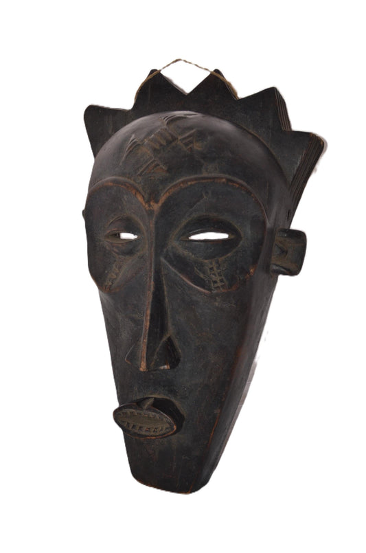 Chokwe Pwo Mask | Hand-Carved Wood Forehead Cross | Congo Crowned Tribal Wall Art