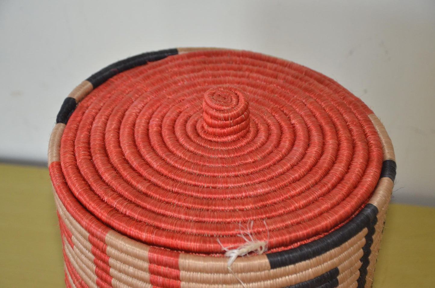 Handwoven Coiled Basket with Lid | Terracotta Geometric Maze Bin | Sisal Storage Box