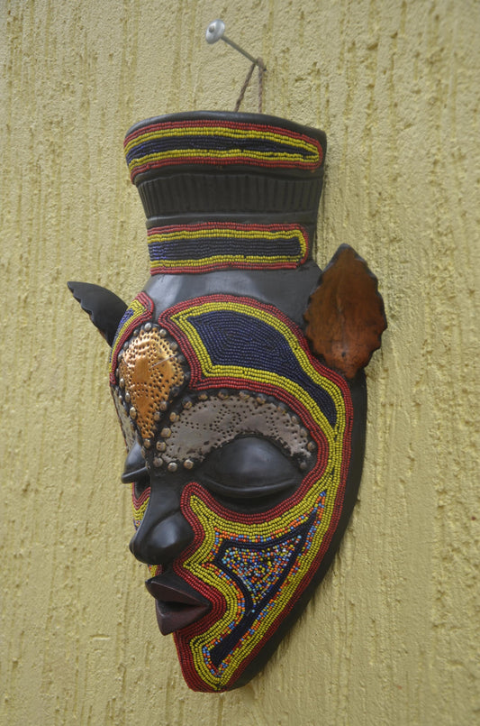 Bamana Beaded Mask | Authentic Malian Tribal Art | Metal-Overlay Ceremonial Sculpture
