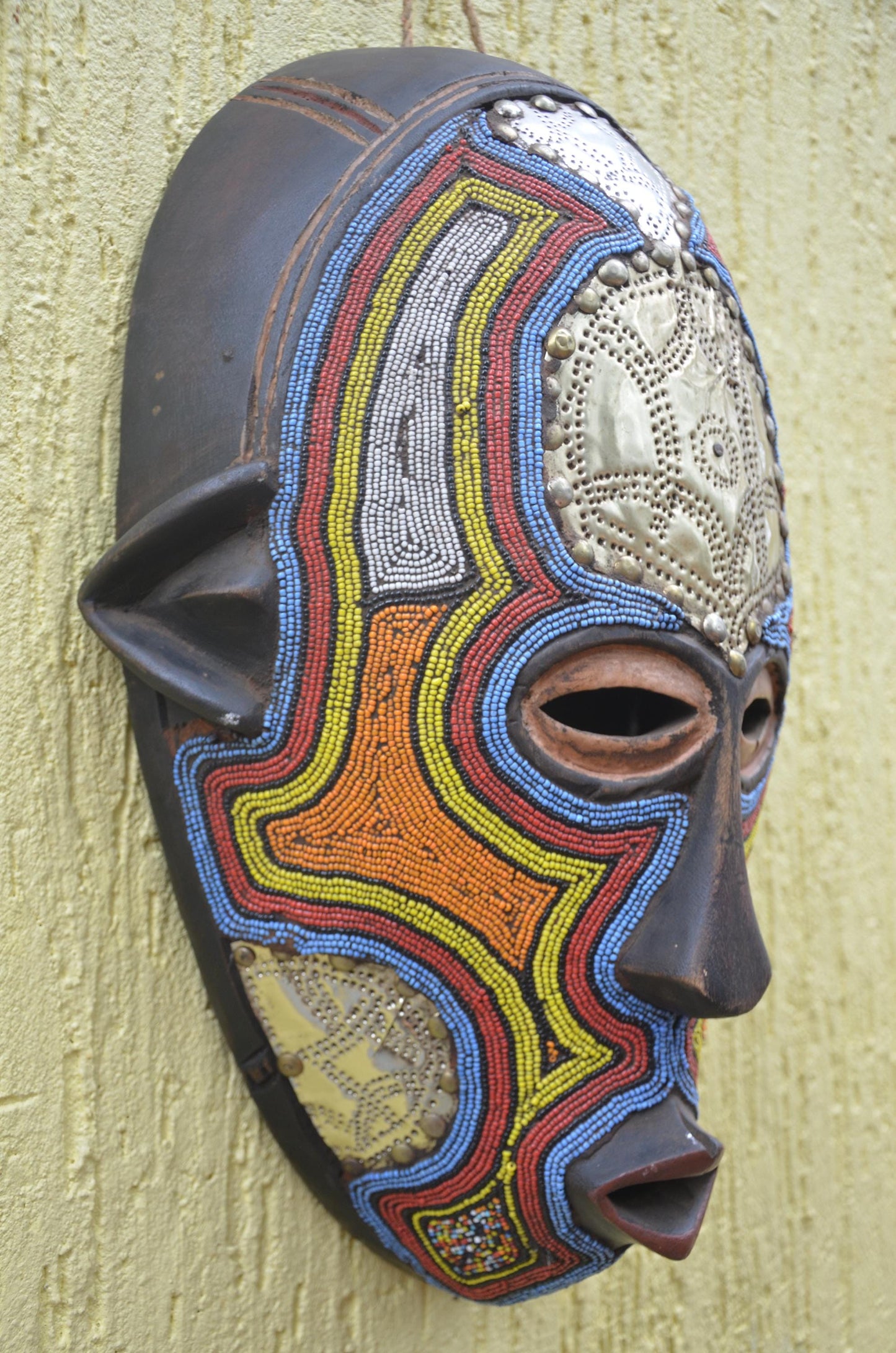 Ashanti Luba Beaded Mask | Hand-Carved Wood Tribal Art | Colorful Glass Bead Wall Decor