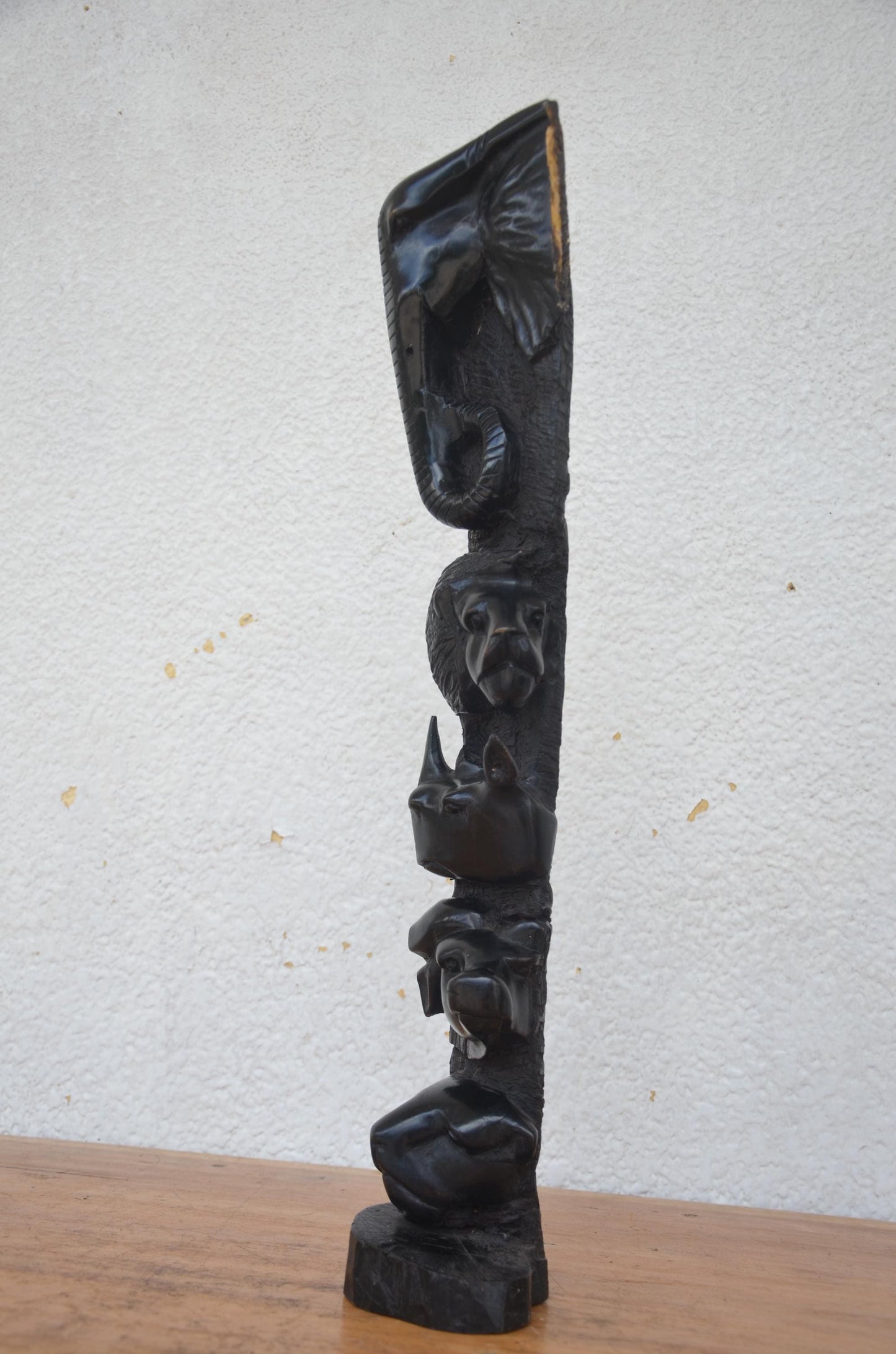 African Big Five Totem | Hand-Carved Wood Safari Pillar | Elephant Lion Leopard Statue