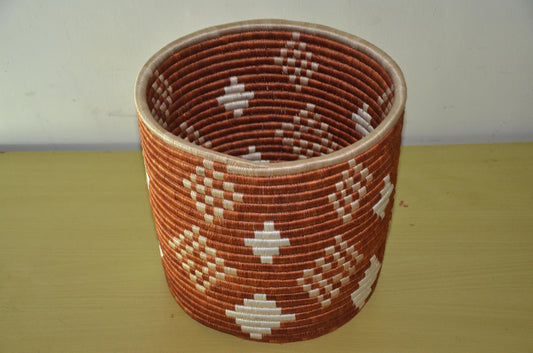 African Coiled Basket | Hand-Woven Terracotta Diamond Bin | Rustic Modern Fiber Storage
