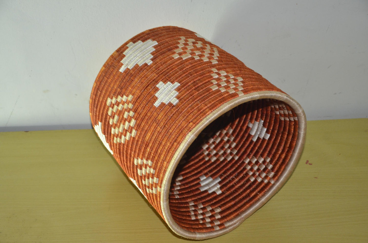African Coiled Basket | Hand-Woven Terracotta Diamond Bin | Rustic Modern Fiber Storage