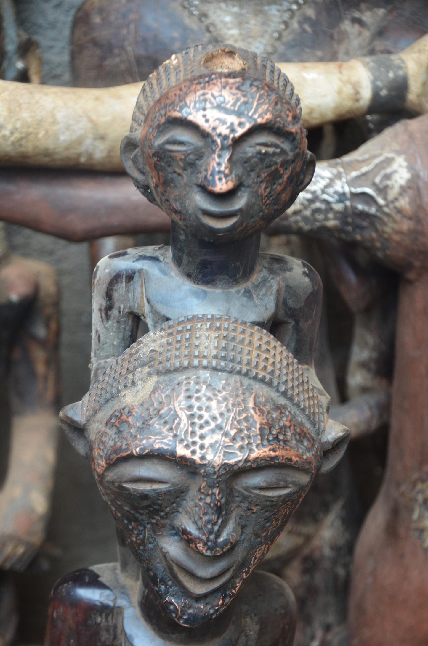 African Songye Power Figure – Hand-Carved Wood Tiered Nkisi Tribal Statue