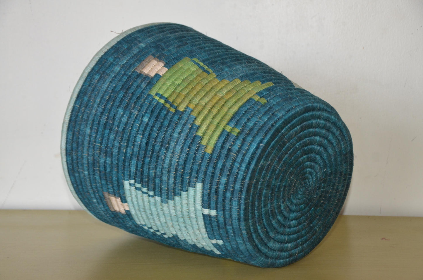 Handwoven African Coiled Basket | Deep Blue Figurative Art | Artisanal Storage Vessel