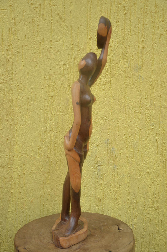 African Woman with Basket Sculpture | Hand-Carved Dual-Tone Wood | Graceful Figurine