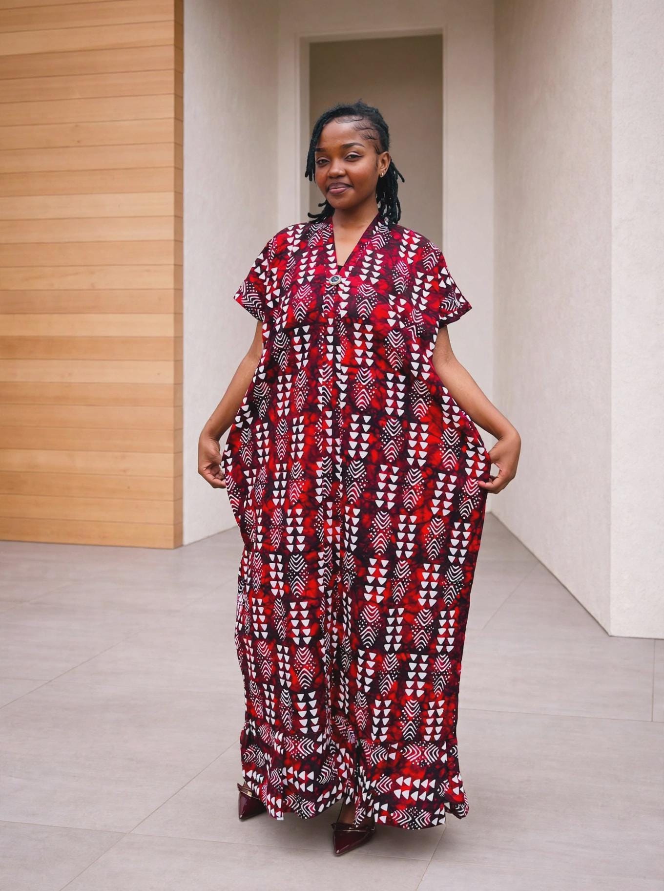 Arrowhead Ankara Boubou Gown | Geometric Cascade Kaftan, Wine Red Maxi