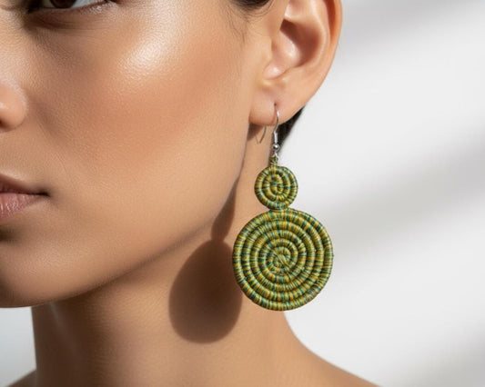 Yellow Green Sisal Rwandan Earrings, Handmade Woven African Basketry Jewelry, Boho Tribal Fiber Art