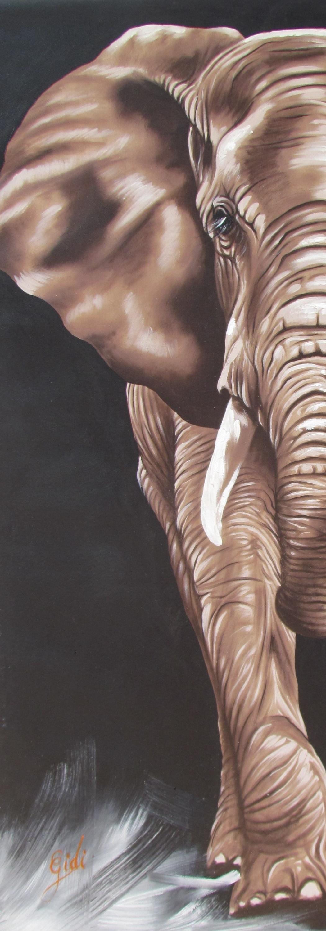 Tableau sur toile représentant un éléphant d'Afrique – Peinture acrylique réaliste représentant un animal sauvage, décoration murale faite à la main, décoration safari, sans cadre et signée