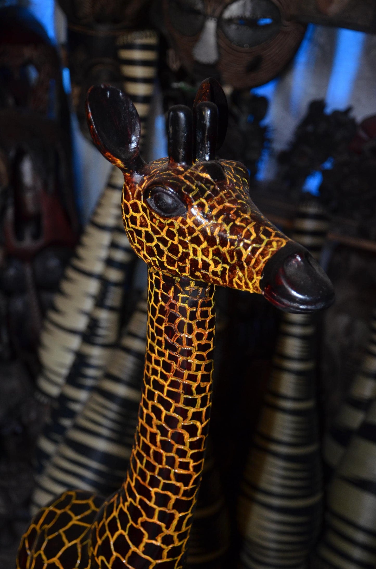 Hand-Carved African Wooden Giraffe Sculpture - 45" Tall Large Wildlife Statue, High-End Wood Carving Statement Piece.