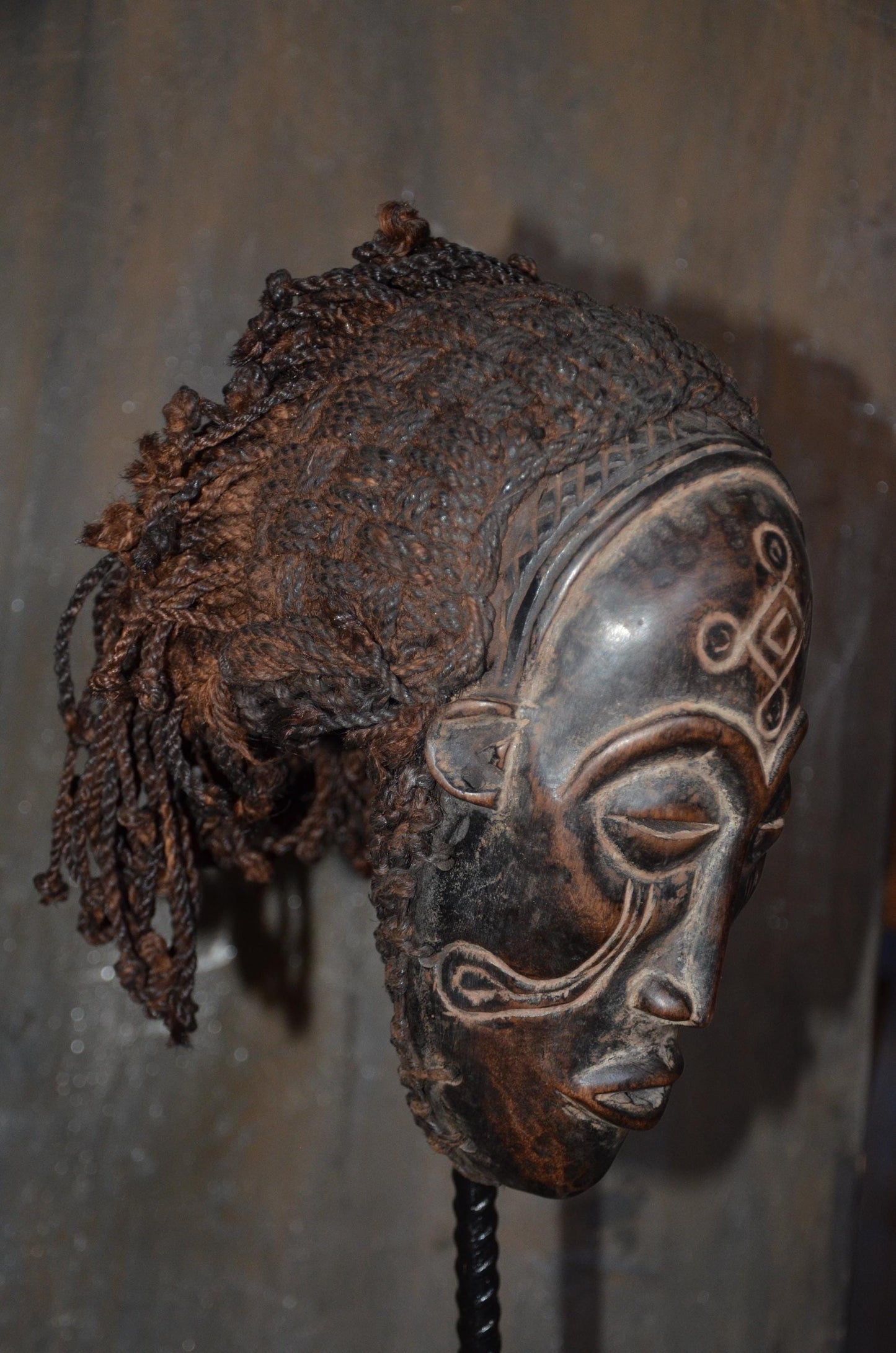 Authentic Chokwe Pwo Mask - 12" Hand-Carved Wood Female Ancestor Mask, Angolan Tribal Art, Woven Fiber Hair.