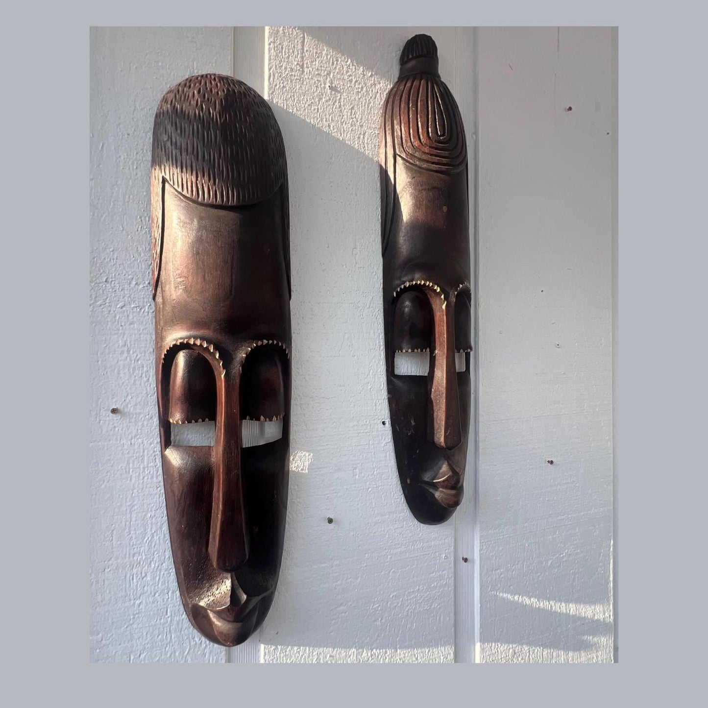 Wood Wall Art – Rwandan King & Queen Mask Set, Hand-Carved African Wall Decor