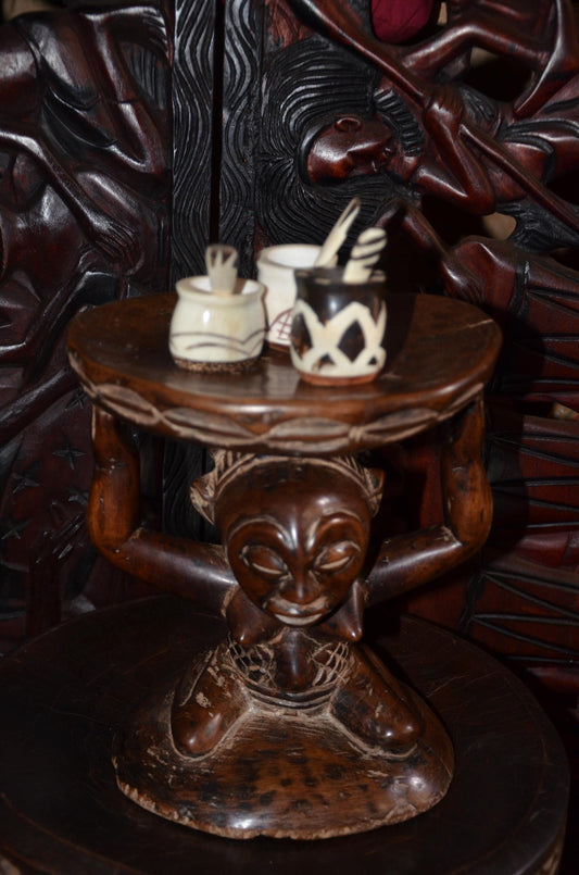 Luba Caryatid Stool – 11" Hand-Carved Wood Sculpture – Congo Tribal Art