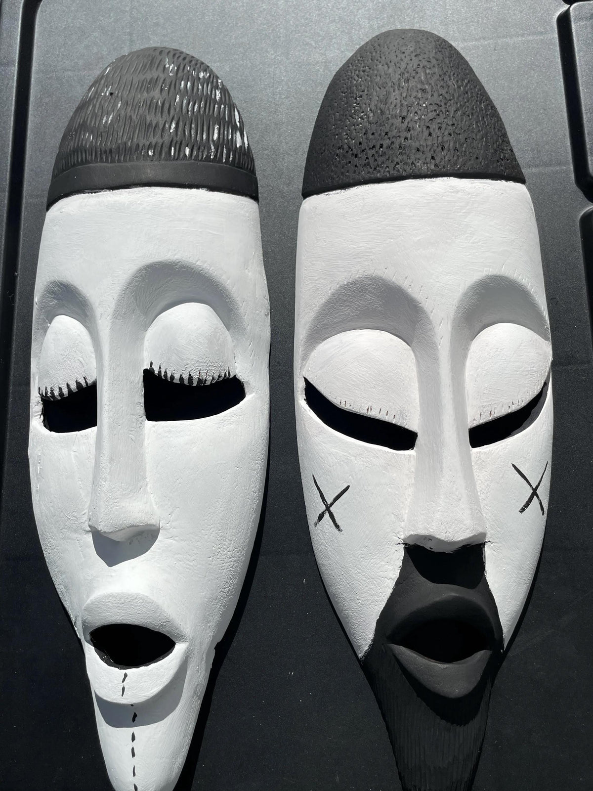 Rwandan Bagiri Mask Pair â€“ 17" Hand-Carved African Wood Wall Art, Black & White Face Masks