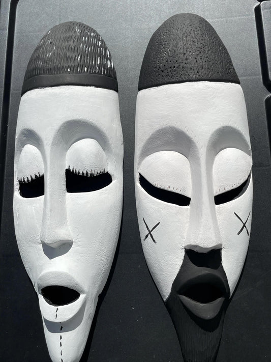 Rwandan Bagiri Mask Pair â€“ 17" Hand-Carved African Wood Wall Art, Black & White Face Masks