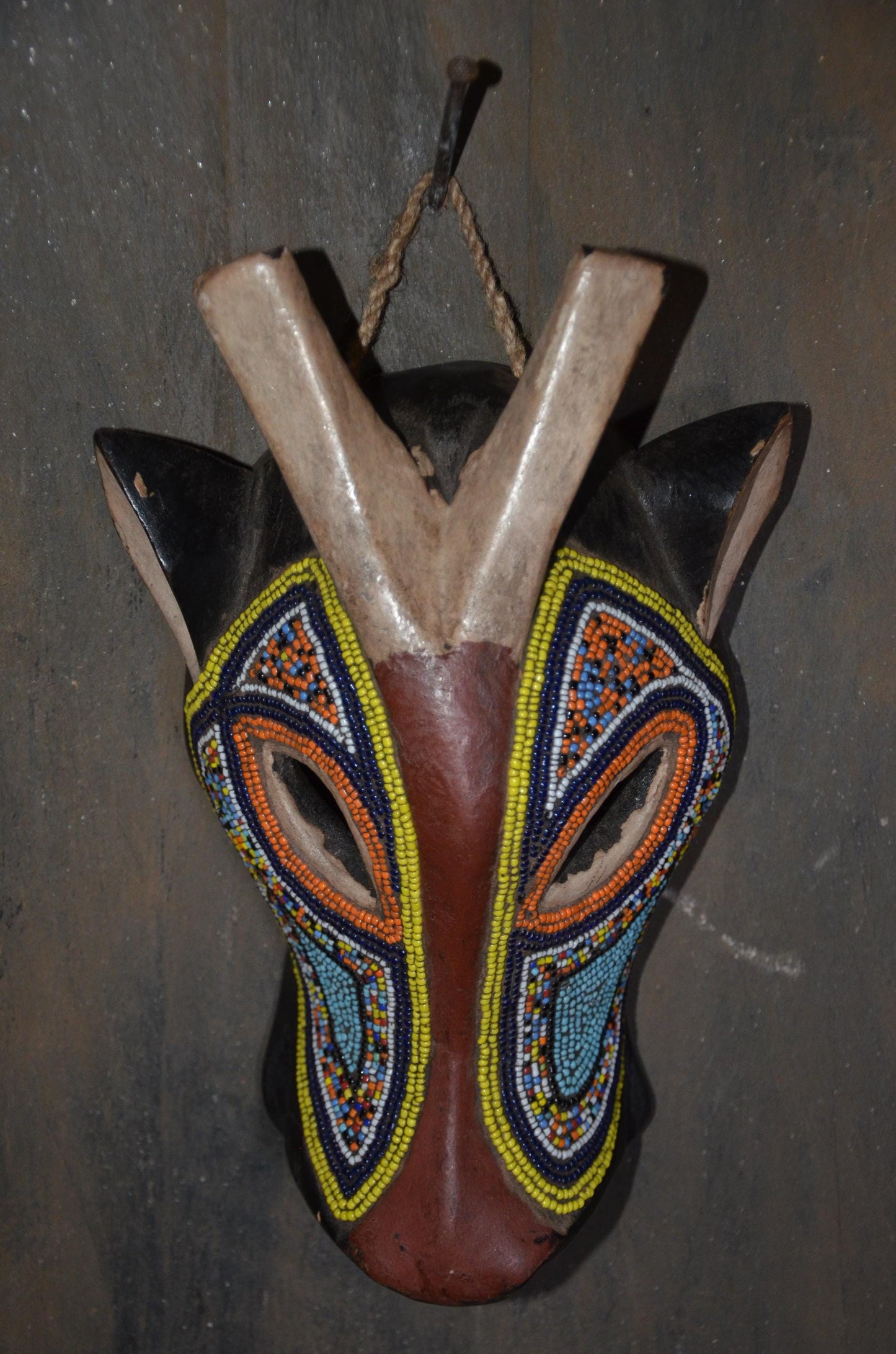 Beaded Antelope Mask – 11" Hand-Carved Wood Tribal Animal Mask – Wall Art.