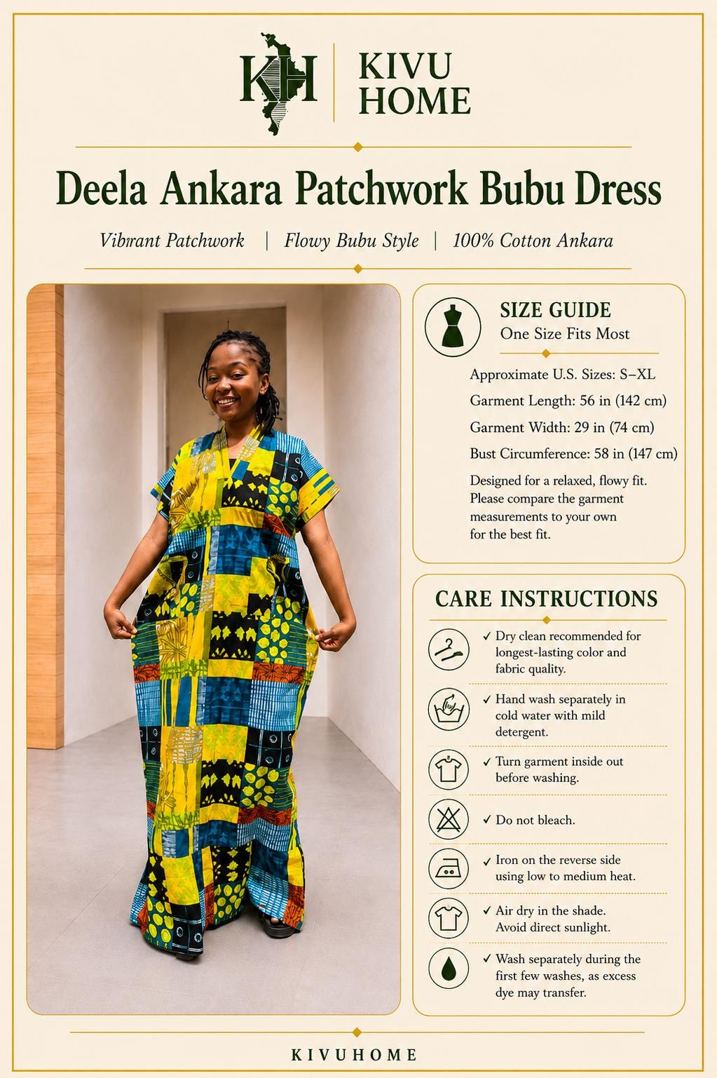 Deela Ankara Patchwork Bubu Dress | Free Size African Print Caftan, Maxi Dress