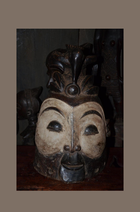 Lega Ceremonial Prestige Hat - 19" Authentic Congo Helmet Mask, Striking Kaolin Face, African Initiation Art.