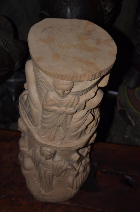 African Carved Wood Stool | Relief Side Table | Handmade Tribal Furniture