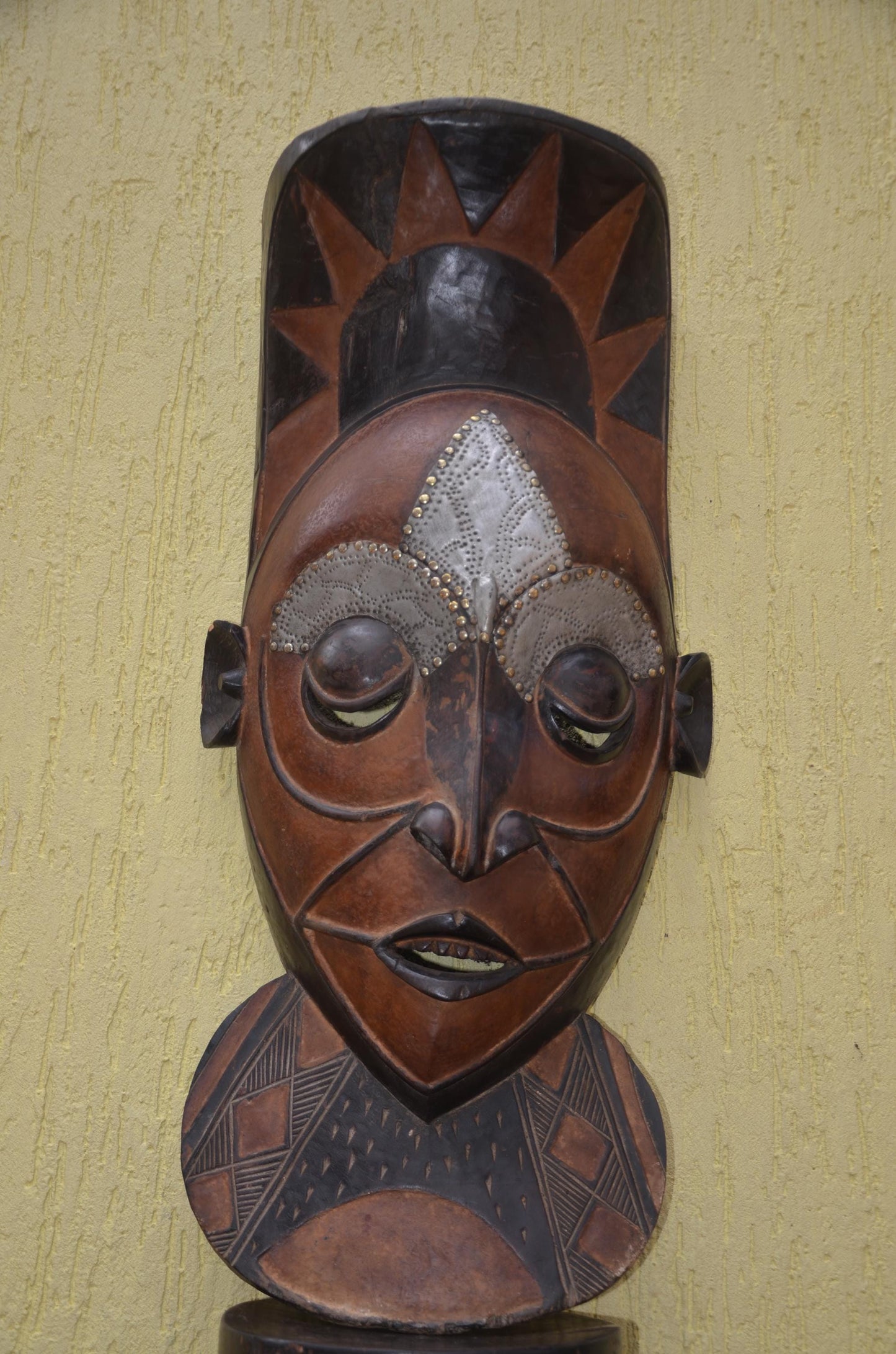 Marka African Mask – 34" Large Hand-Carved Wood & Brass Mask – Mali Wall Art.