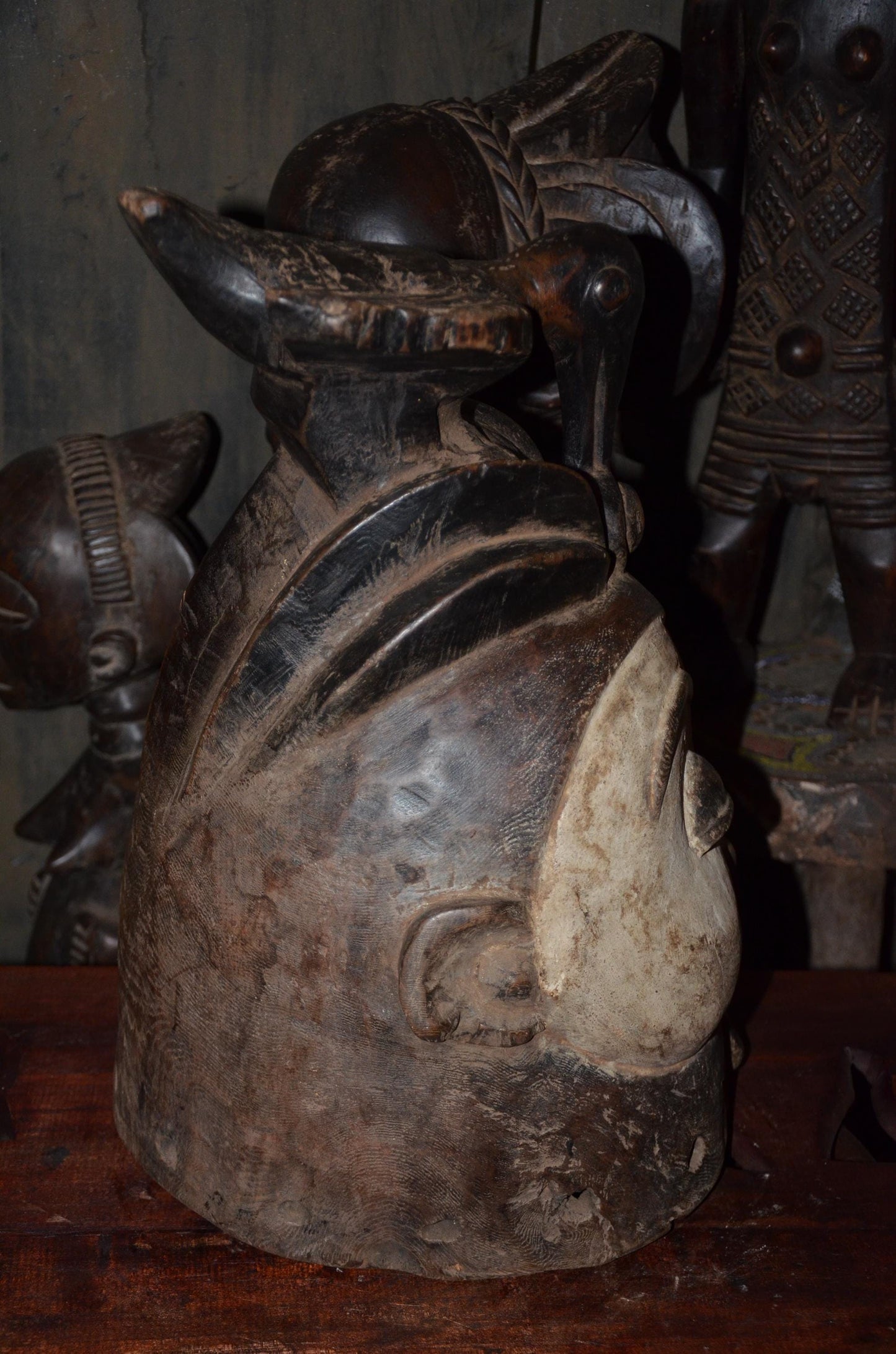 Lega Ceremonial Prestige Hat - 19" Authentic Congo Helmet Mask, Striking Kaolin Face, African Initiation Art.