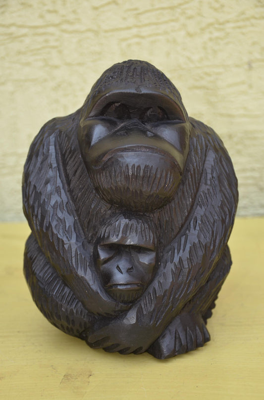 Hand Carved Wooden Mother and Baby Gorilla | Wildlife Art