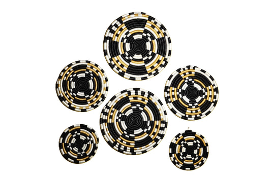 Set of 6 Handwoven Round Wall Baskets – Black, White & Gold Sisal Decor